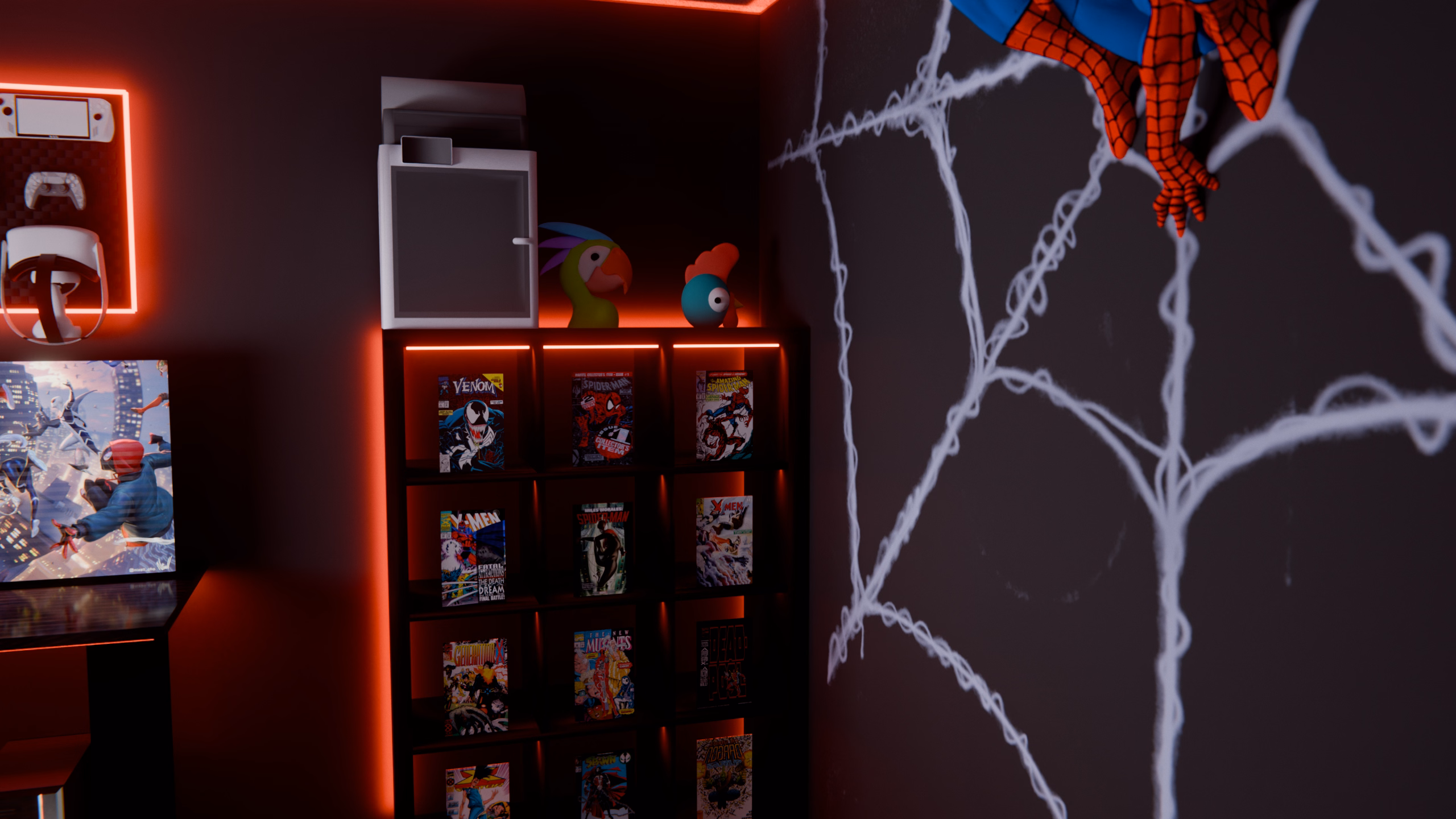 A Kallax shelf of framed comics under a 3D printer, next to a Spider-Man figure on a web-covered wall; Perchy and Stewart, the two bird mascots, sit on top.