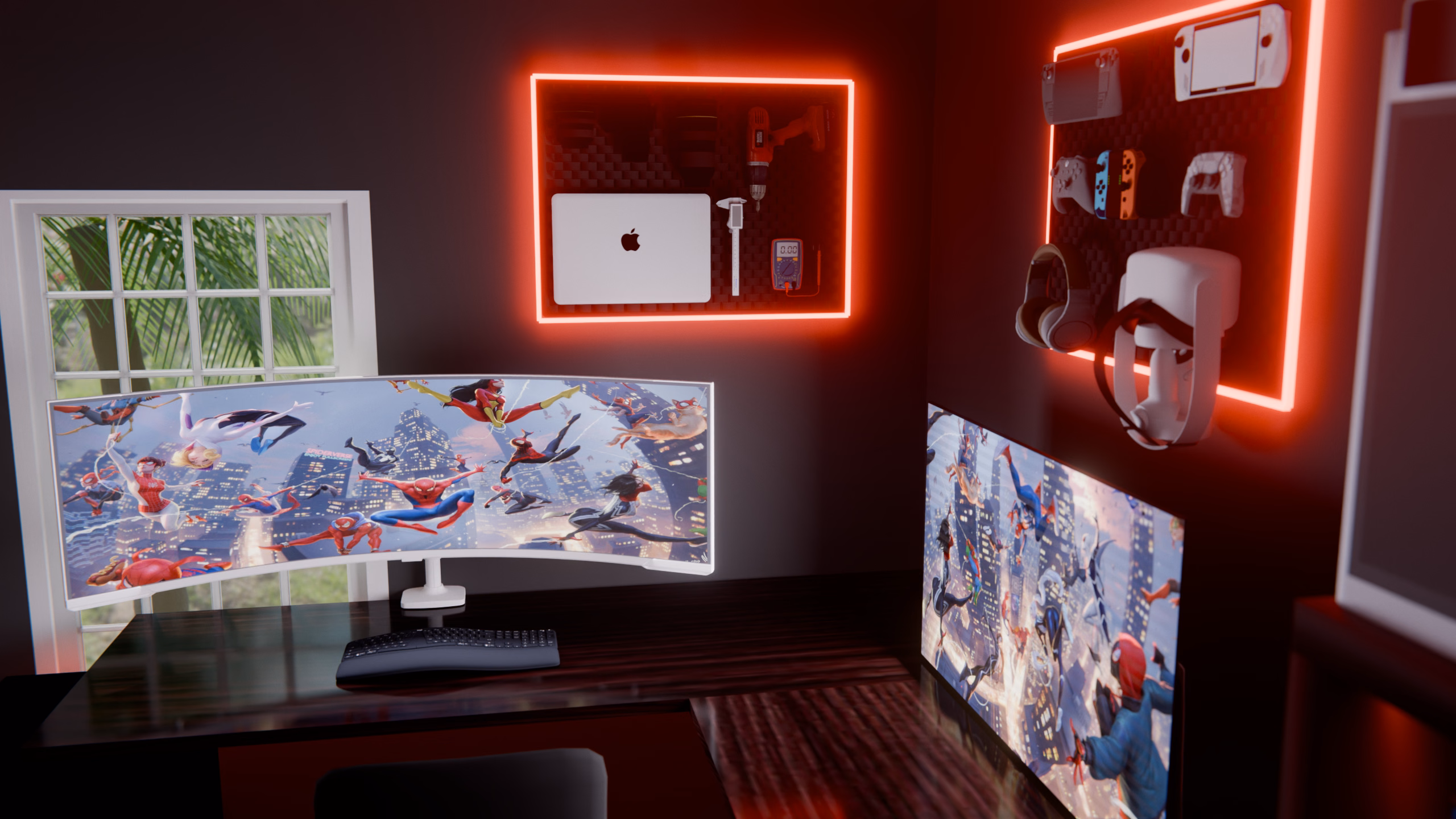 The curved 57-inch G9 ultrawide on the desk, under a backlit pegboard that holds a MacBook Pro, calipers and tools.
