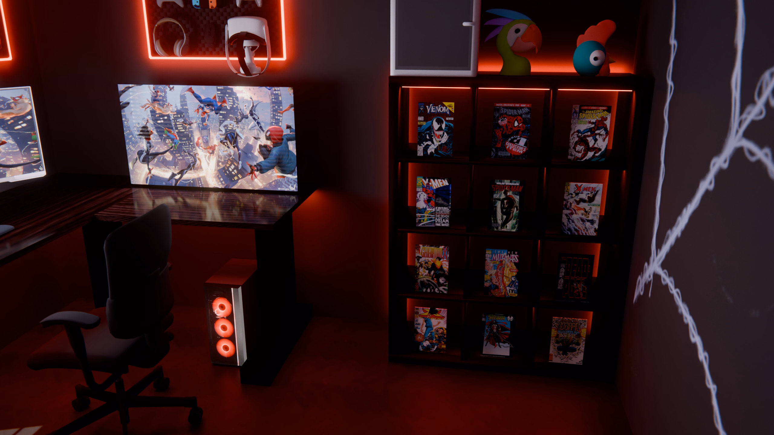 A Kallax shelf of twelve framed comics, each cube lit red from above, with Perchy and Stewart on top and the spider-web mural beside it.