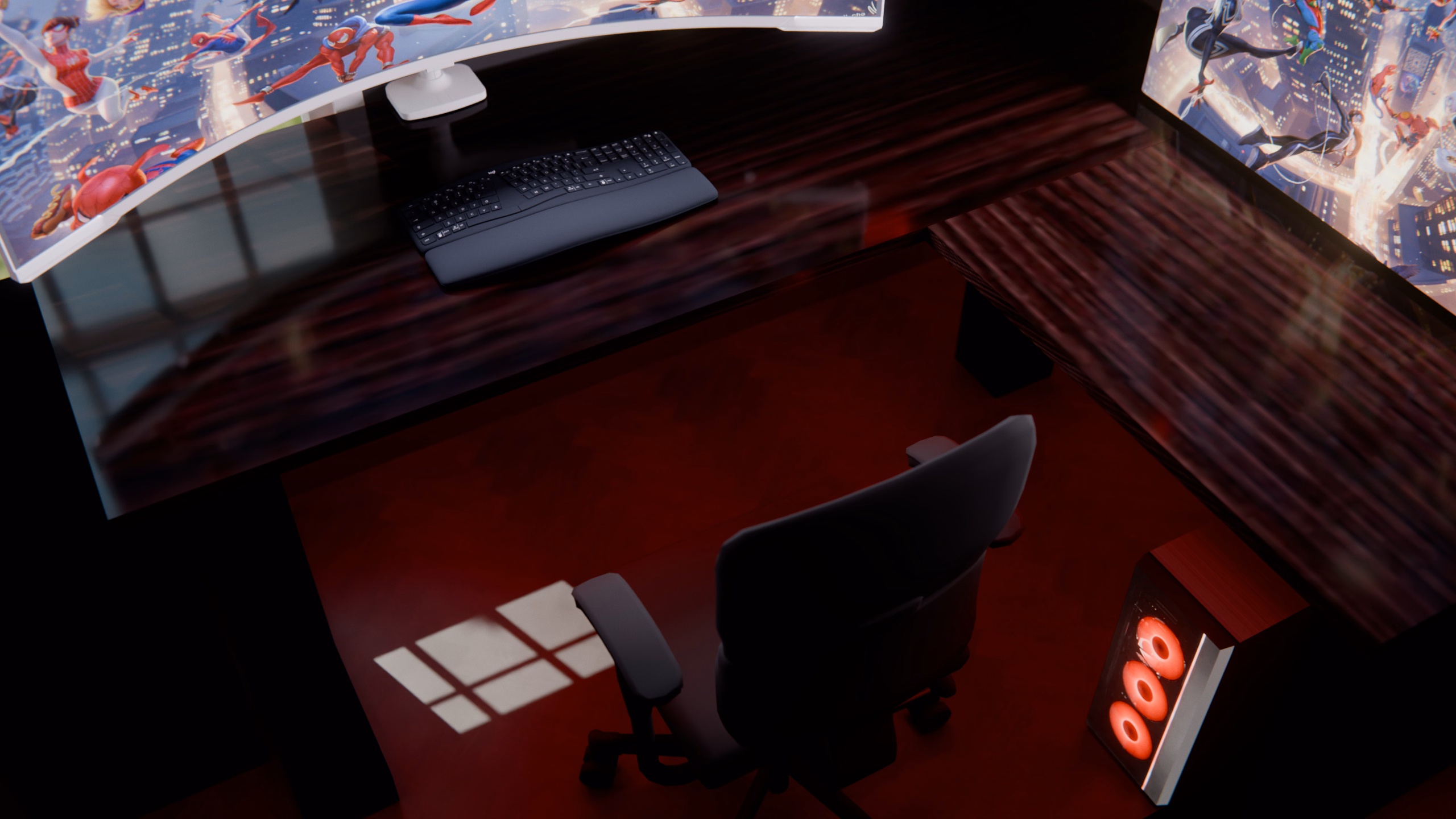 Looking down on the L-shaped desk: a keyboard in front of the curved G9, the Aorus on the right wing and the chair tucked in.