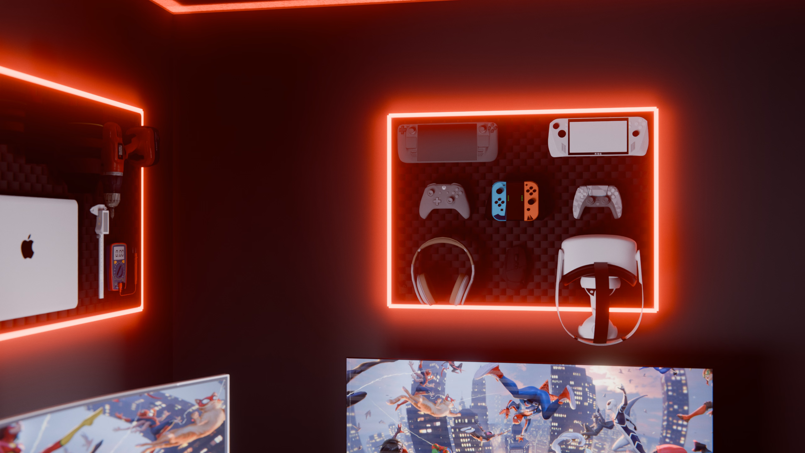 A backlit pegboard holding a ROG Ally, a Steam Deck, PlayStation, Xbox and Switch controllers, an Xbox headset and a Quest 2, above the Aorus monitor.
