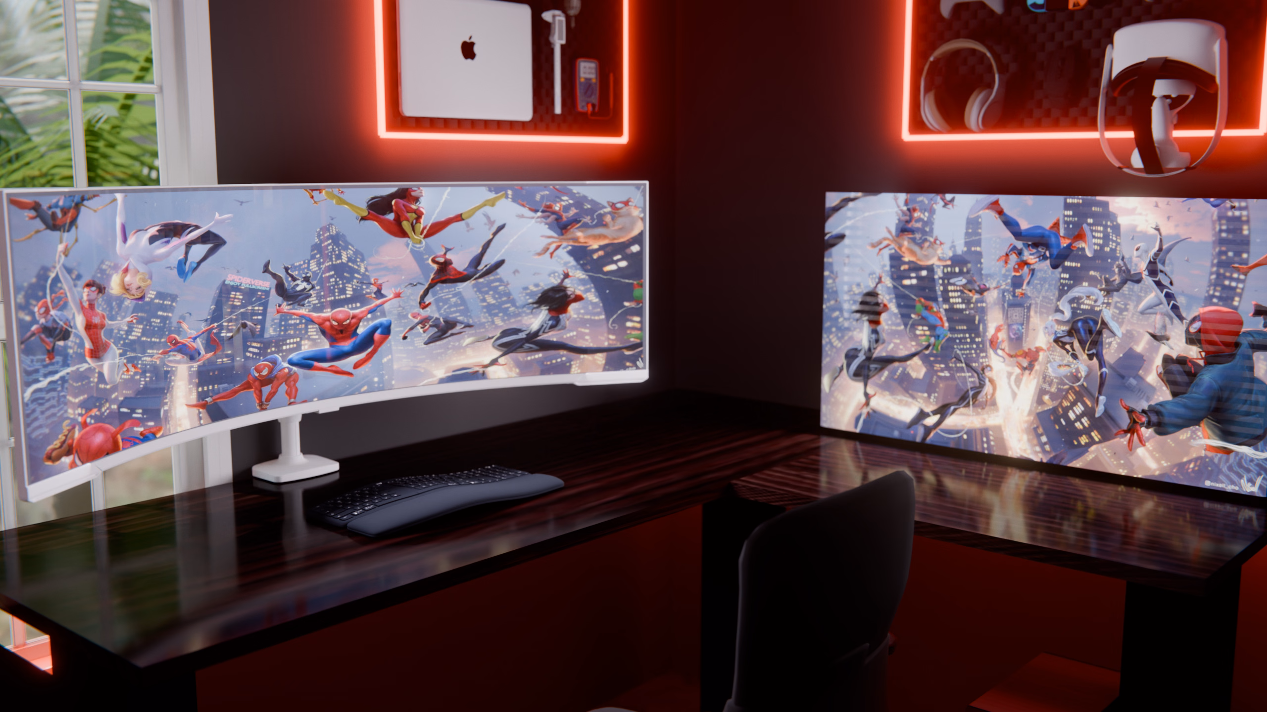 The curved 57-inch Samsung Odyssey Neo G9 on the desk and the Aorus monitor on the right wing, under two backlit pegboards.