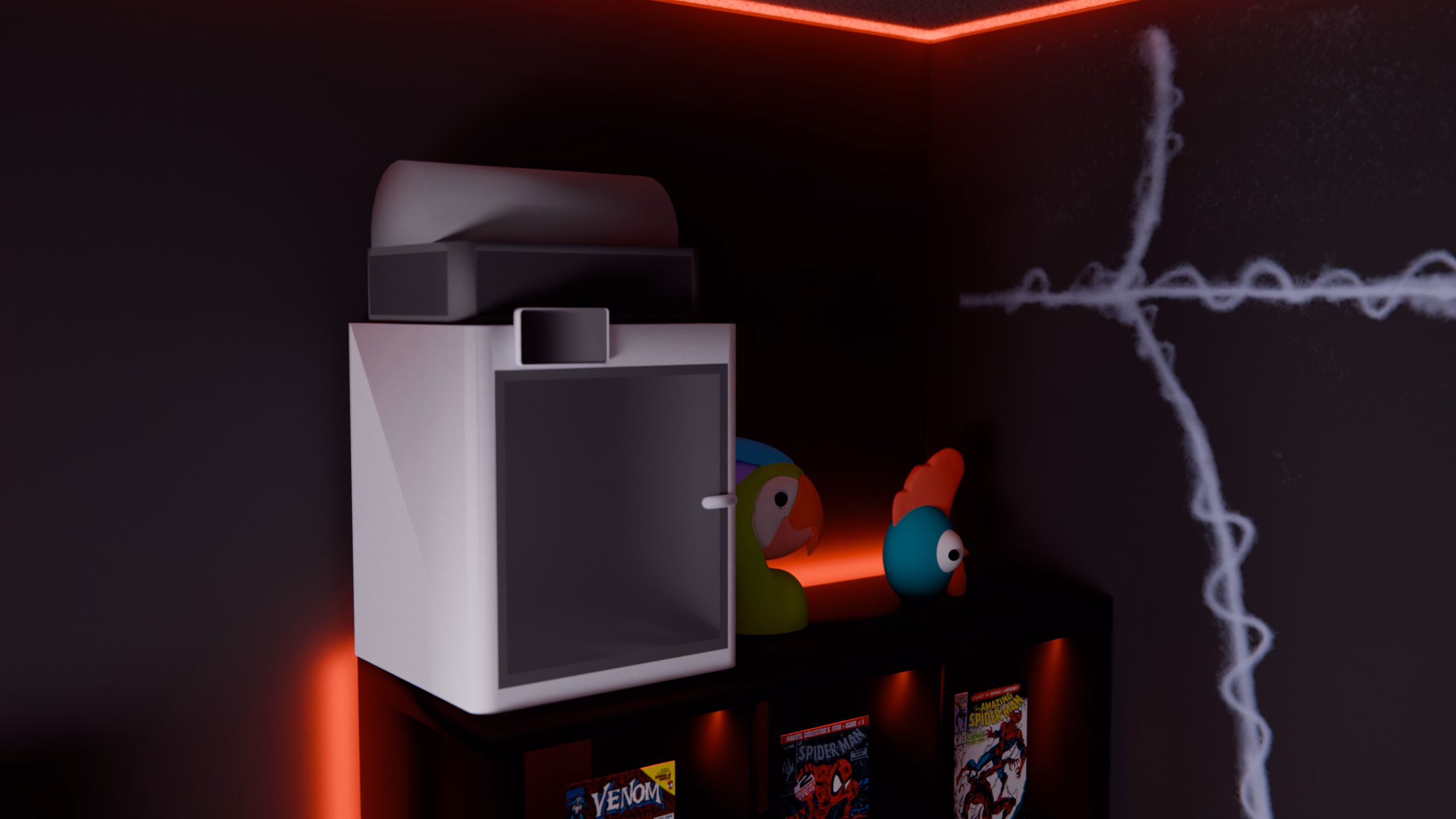 A Bambu Lab X1 Carbon 3D printer on top of the Kallax, next to the two bird mascots, Perchy and Stewart.