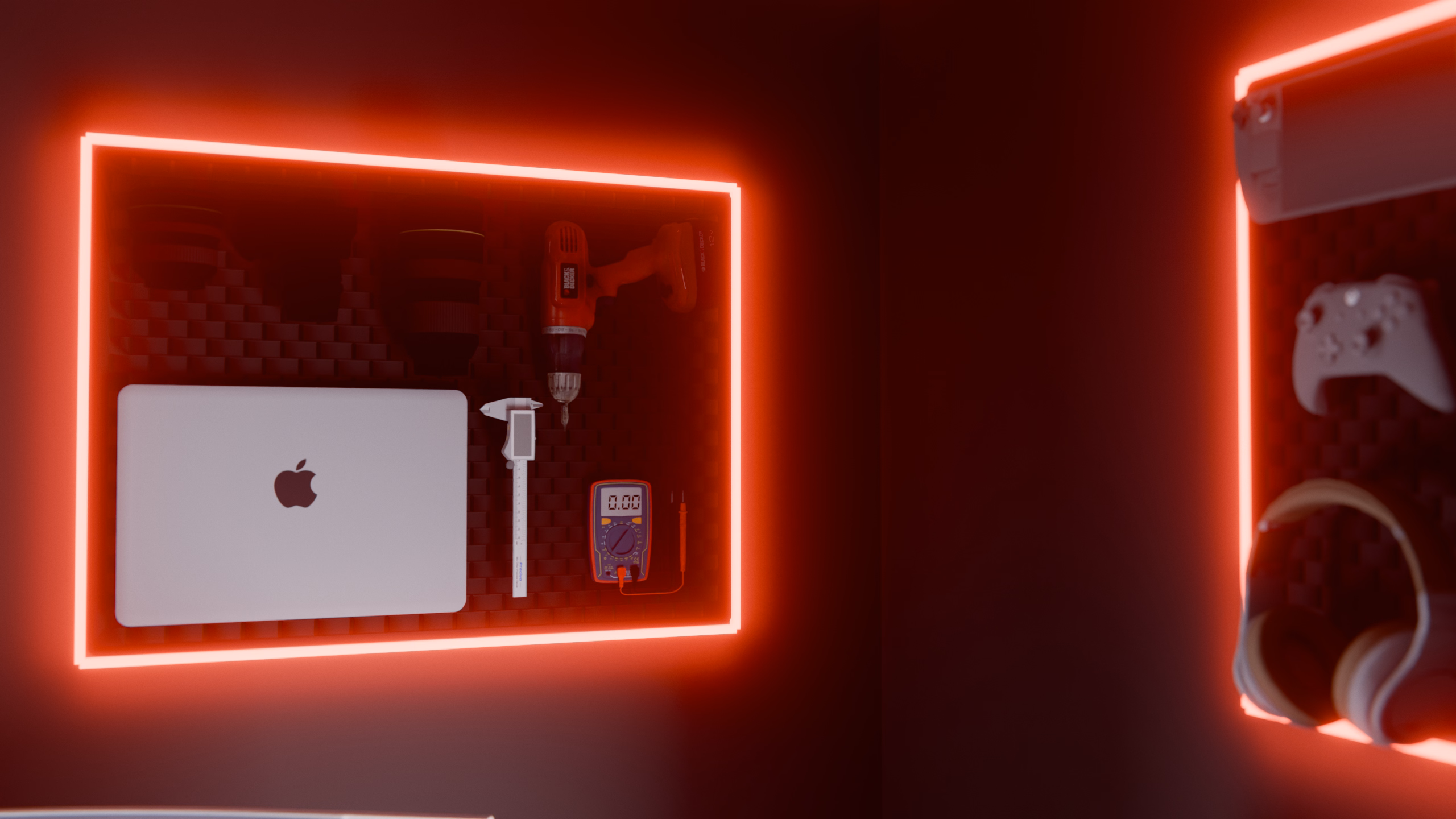 A backlit pegboard over the desk holding a MacBook Pro, a Nikon DSLR and lenses, a drill, calipers and a multimeter.