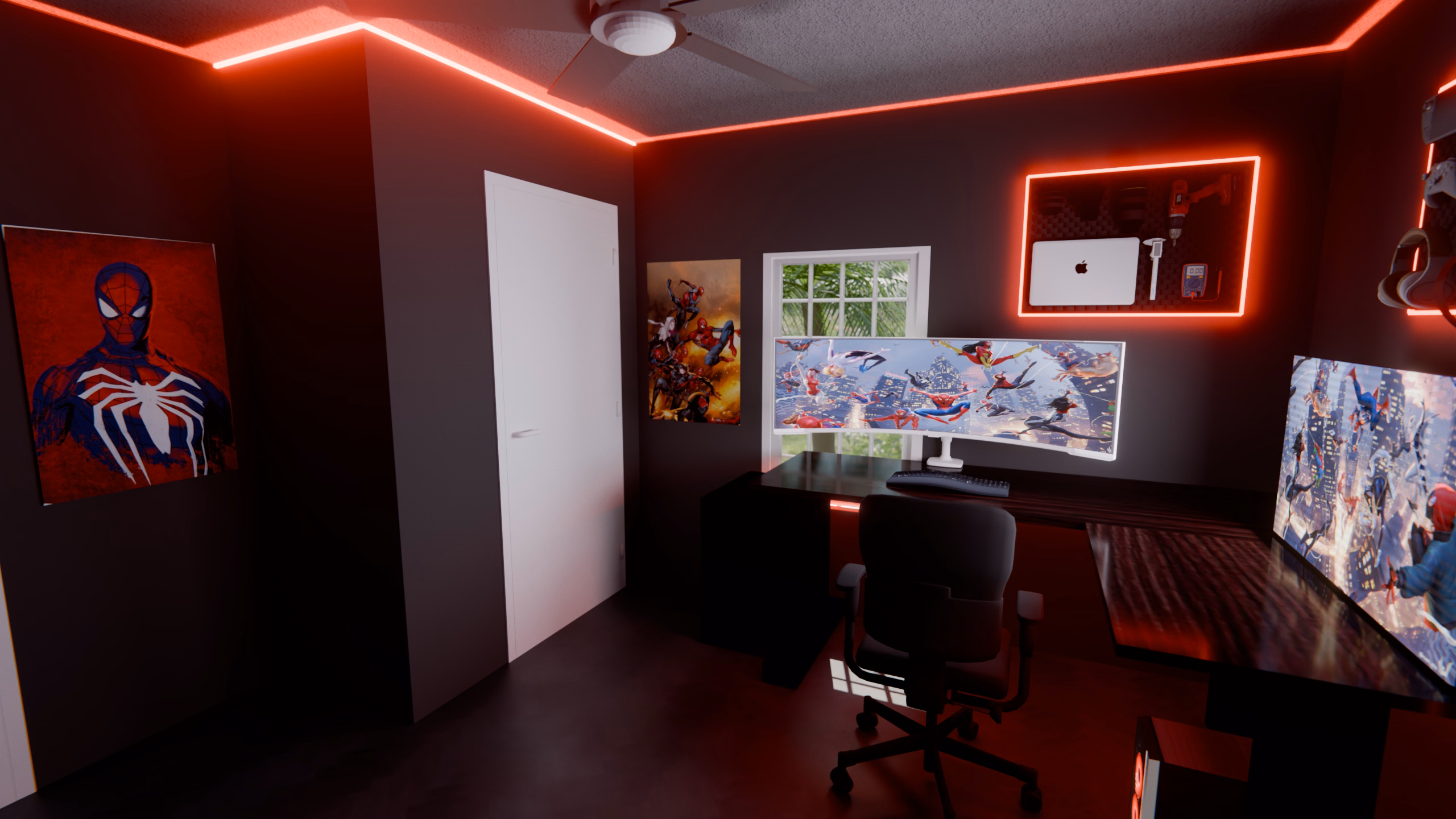 Ben's lab on a sunny day, palm trees outside the window: a desk with a curved 57-inch ultrawide and a second monitor, two backlit pegboards, a lit comic shelf, red LED cove lighting, and the Spider-Verse canvases on the walls by the door and the window.