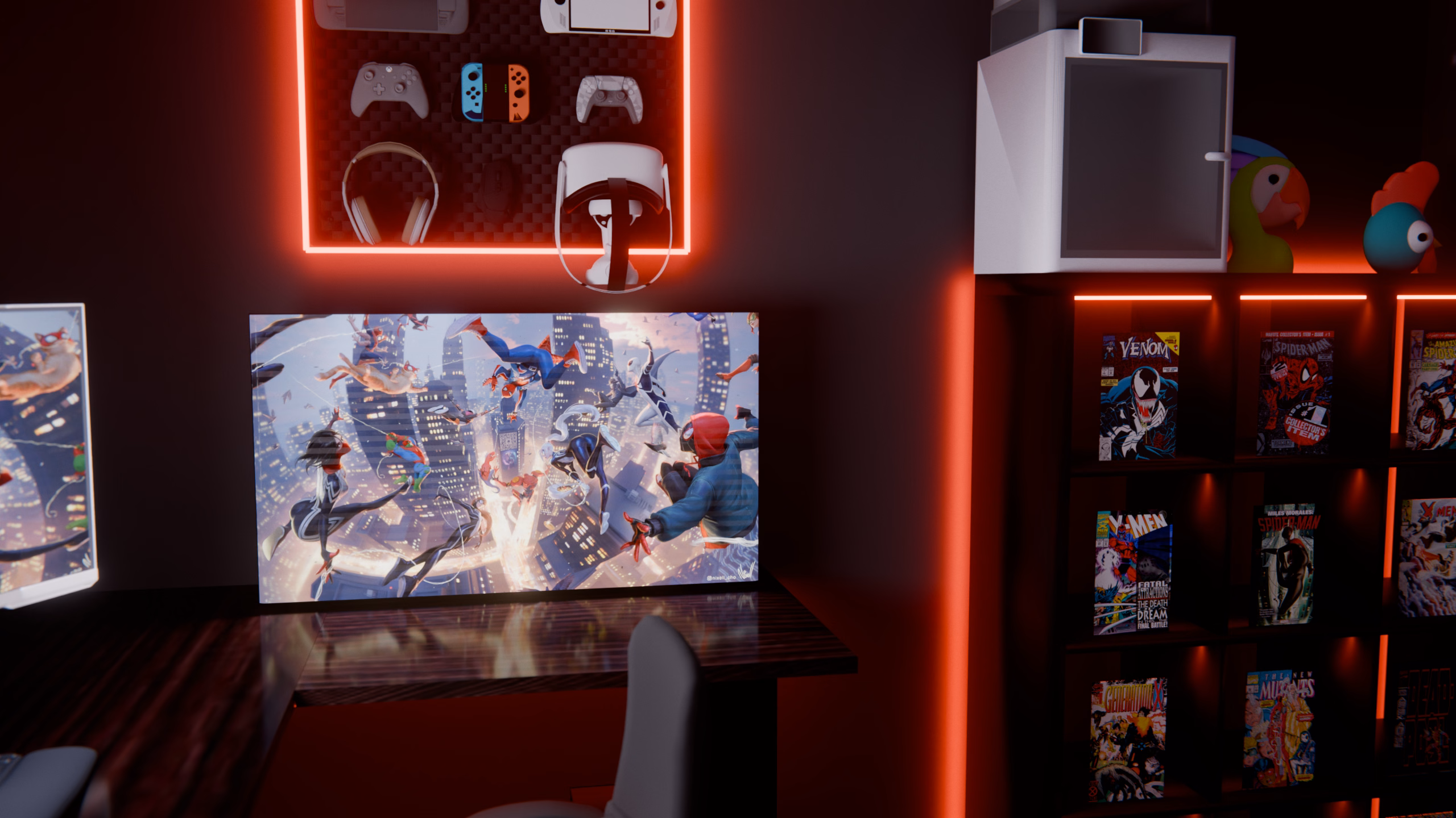 The second monitor, an Aorus, showing Spider-Verse art beside the end of the curved G9, under a backlit pegboard of controllers and a VR headset, with framed comics on the shelf at the right.