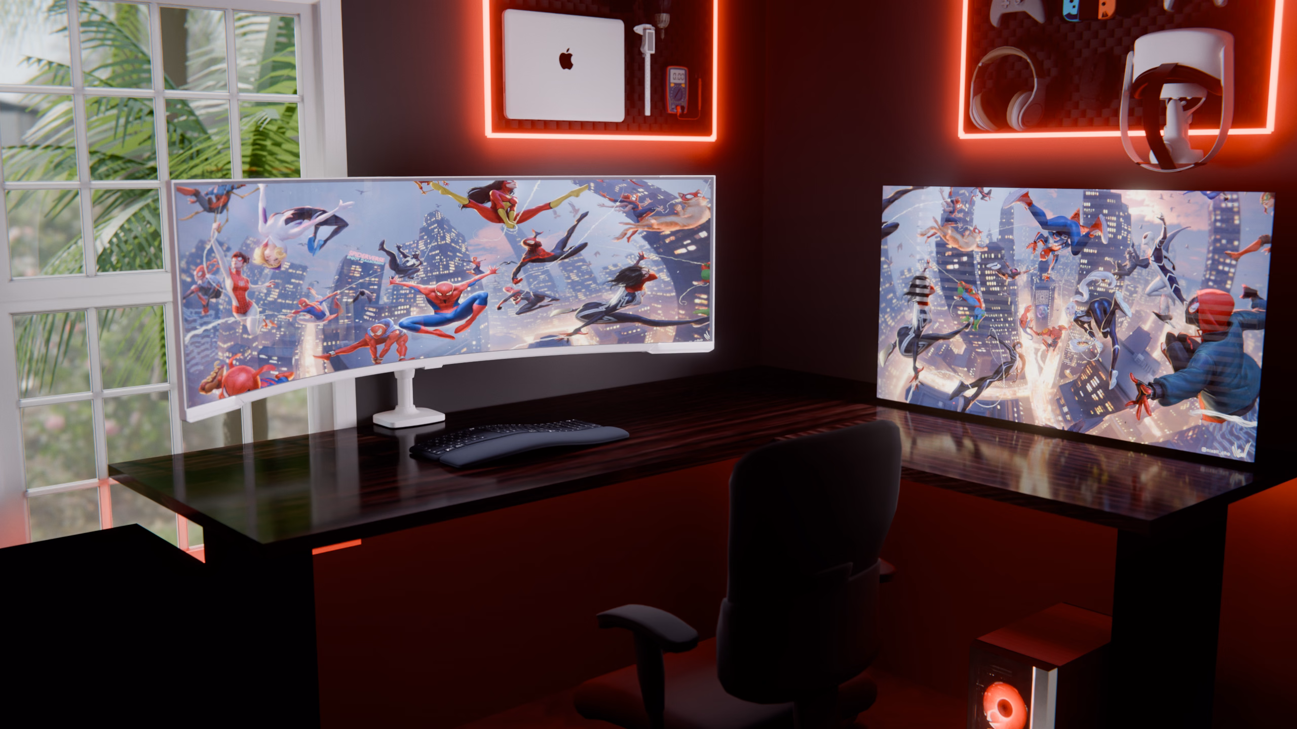The desk up close: a curved 57-inch G9 ultrawide showing Spider-Verse art, a keyboard and a desk chair.